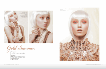 Gold Summer fashion spread with model, gold accessories, and elegant styling.