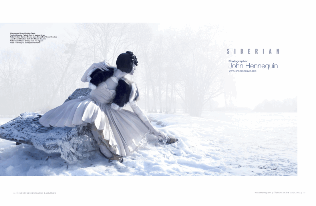 Ballerina in white tutu with black fur accents, seated on snowy bench, evoking Siberian winter.