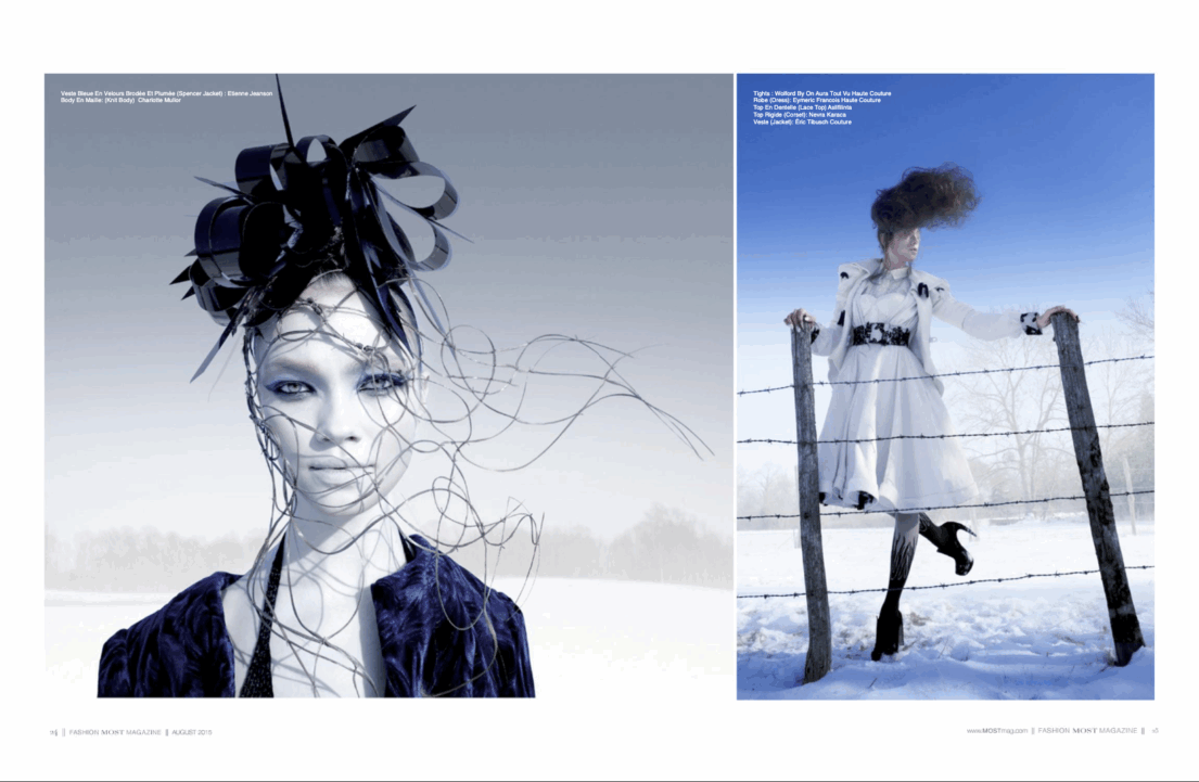 Fashion editorial with avant-garde headpiece and model in white coat by snowy fence.