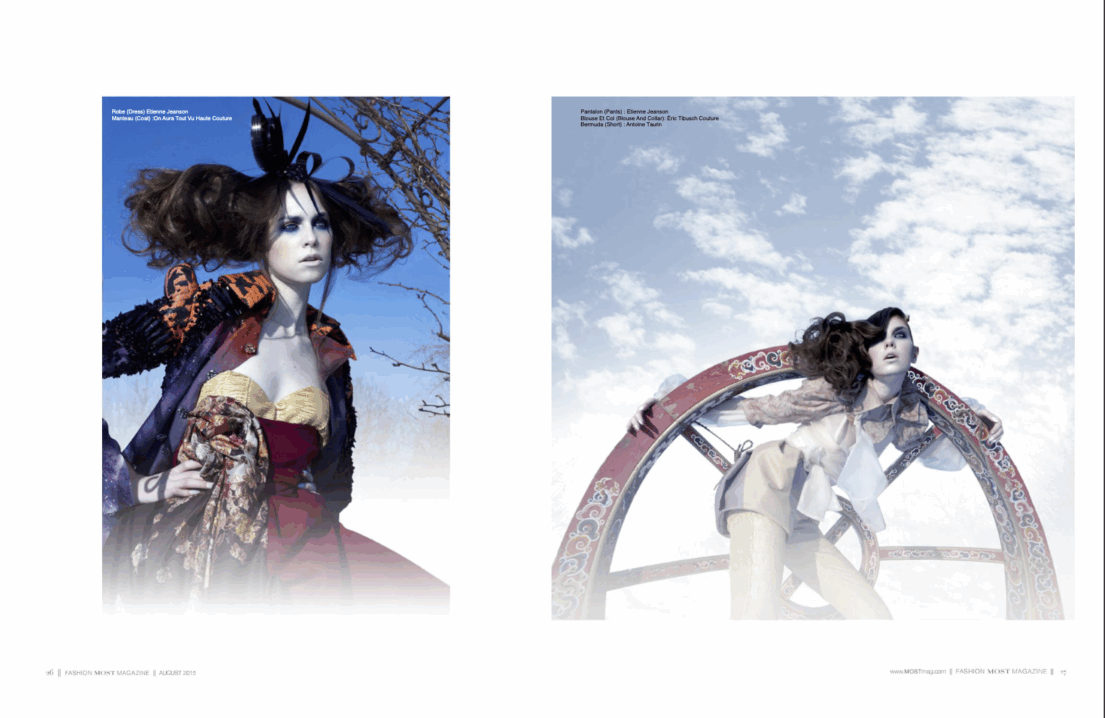 Gothic fashion with dramatic makeup and accessories; model poses against nature and wheel backdrop.