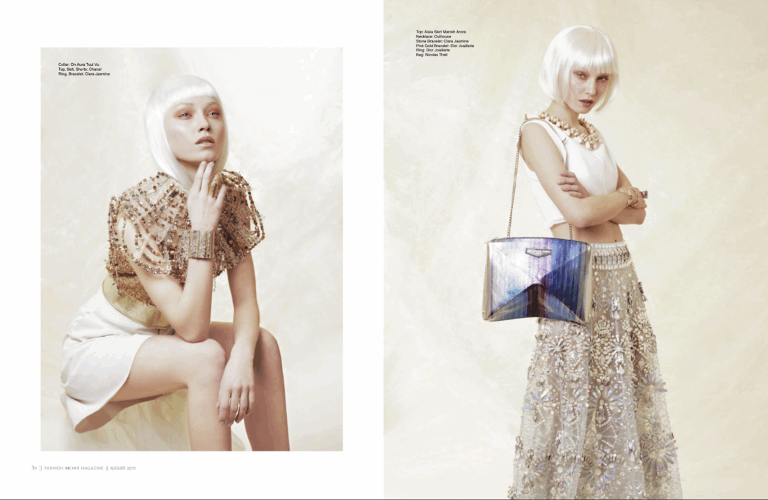 Fashion editorial featuring a model with white hair, gold embellishments, and a geometric-patterned bag.