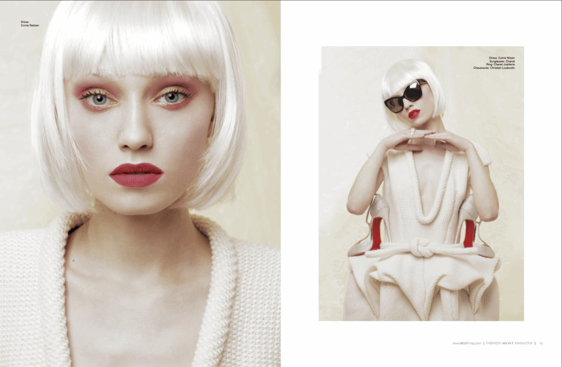 White bob hairstyle, red lips, pink eyeshadow, white outfit, sunglasses, poised pose.