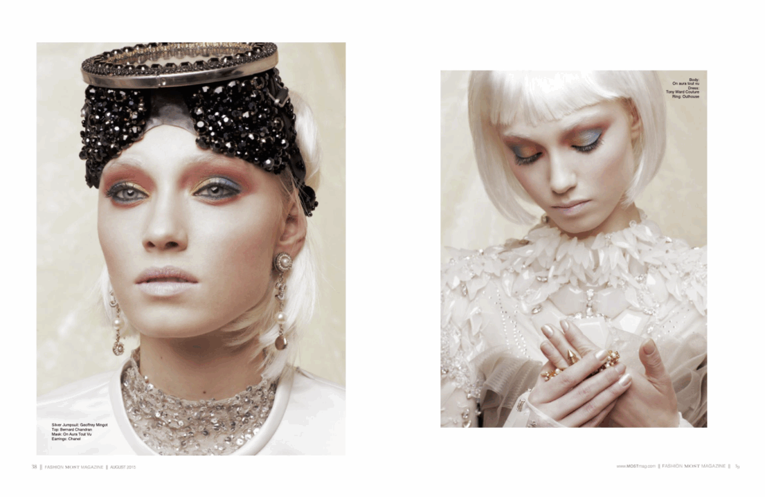 Fashion editorial with models featuring elaborate headpieces and jewelry.